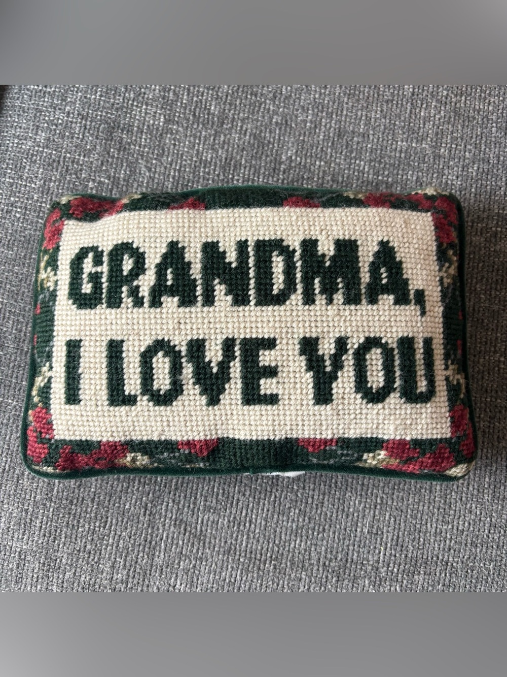 Grandma I Love You Needlepoint Throw Pillow Velvet Green Back Small Cottagecore